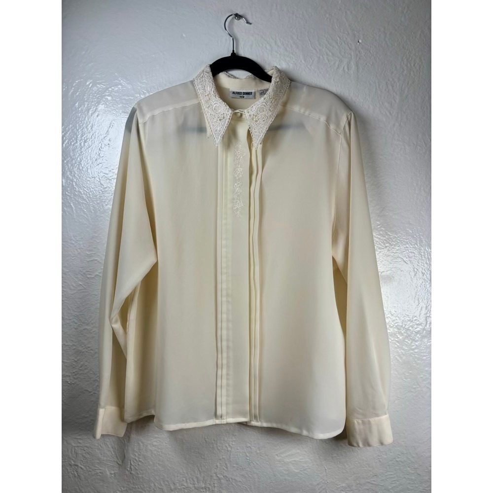 Alfred Dunner Blouse Cream 16W Lace Collar Embroidered Pintuck Victorian Cottage
